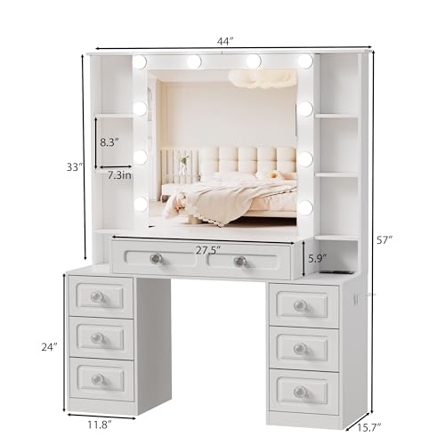 White Vanity Desk with Lighted Mirror and Drawers P341093