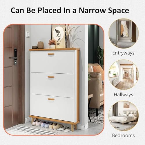 Slim Hidden Shoe Cabinet 3 Flip Drawers Wooden Tall Shoe Rack W625