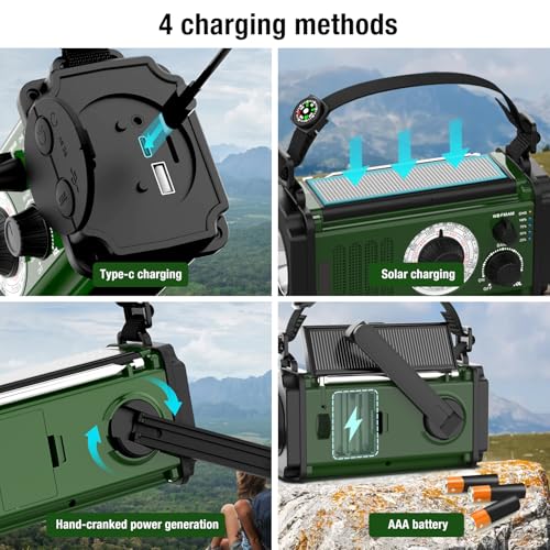 37000mWh Hand Crank Solar NOAA AM FM Weather Radio with Flashlight Reading Lamp SOS Alarm Compass Power Bank J119