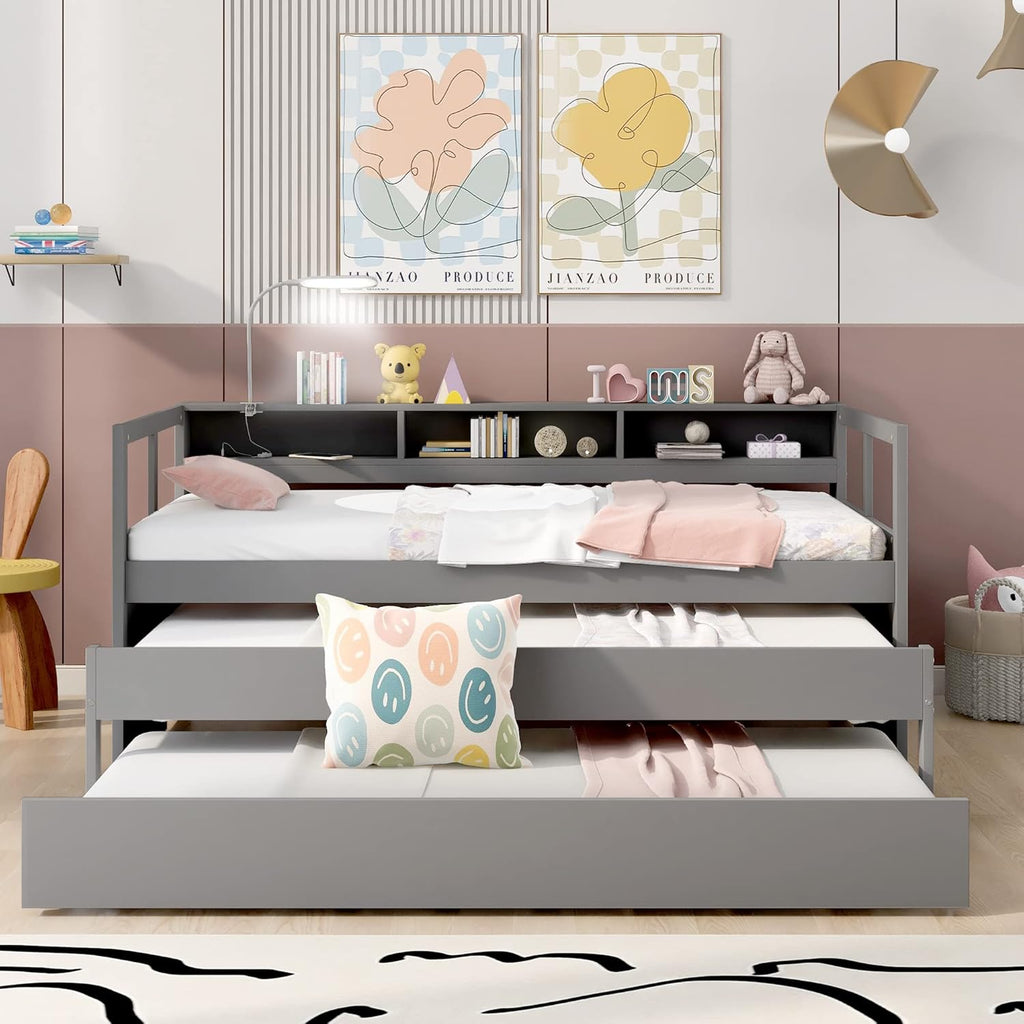 Gray Twin XL Wood Platform Daybed with 2 Trundle Beds and Storage Headboard U643767