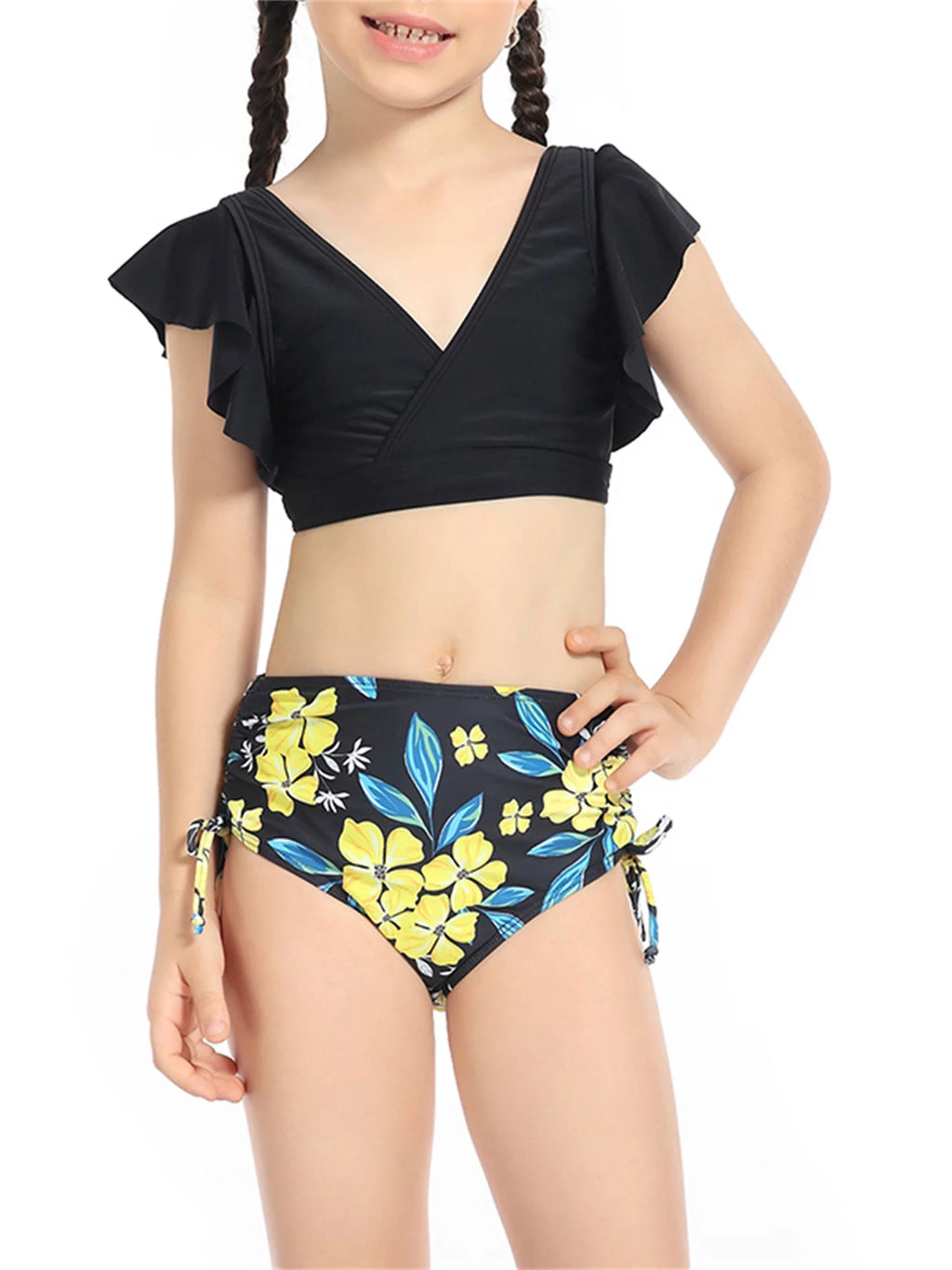 2 Piece Bikinis Set Print Fly Sleeve Tops Briefs Swimwear V774