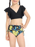 2 Piece Bikinis Set Print Fly Sleeve Tops Briefs Swimwear V774
