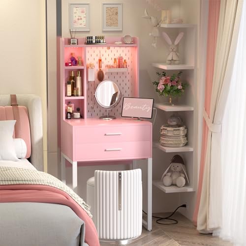 Pink Vanity Desk with Hutch and Drawers and LED Lights U2020