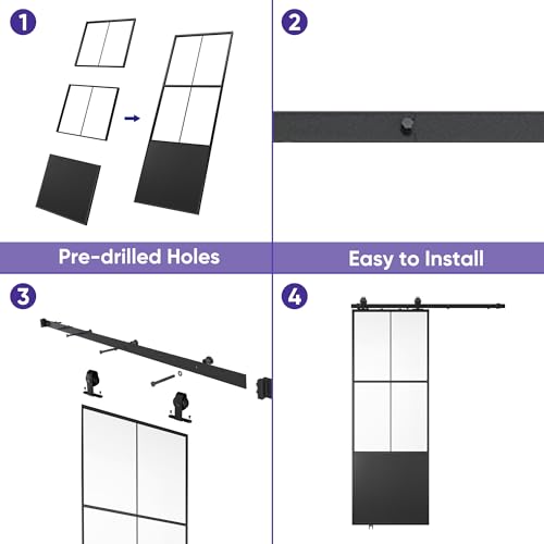 Black 3-Panel Frosted Tempered Glass Sliding Barn Door V43030