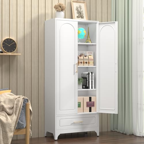 White 71 Inch Tall Metal Storage Cabinet with Doors and Shelves F714844