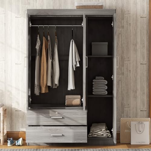 Gray Wood Armoire Wardrobe with Mirror S19775