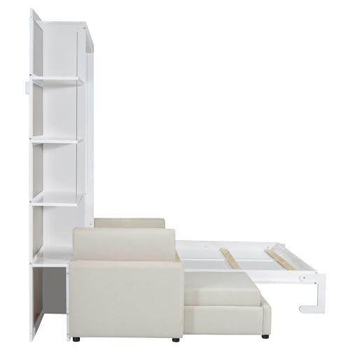 Queen Size Wooden Murphy Bed with Shelves and L-Shape Sofa W29030