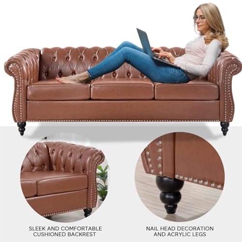 Black Faux Leather 3-seater 84in Sofa with Rolled Arm and Buttoned Chesterfield Z39955