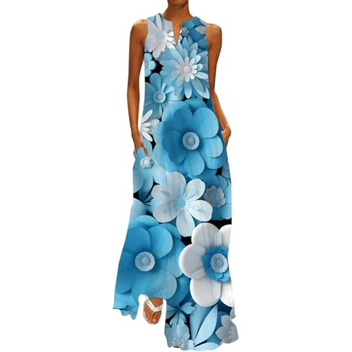 Boho Floral Print Crew Neck Sleeveless Swing Sundresses with Pockets K642232