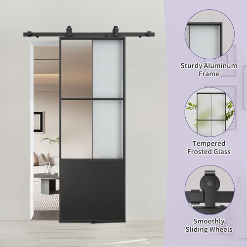 Black 3-Panel Frosted Tempered Glass Sliding Barn Door V43030