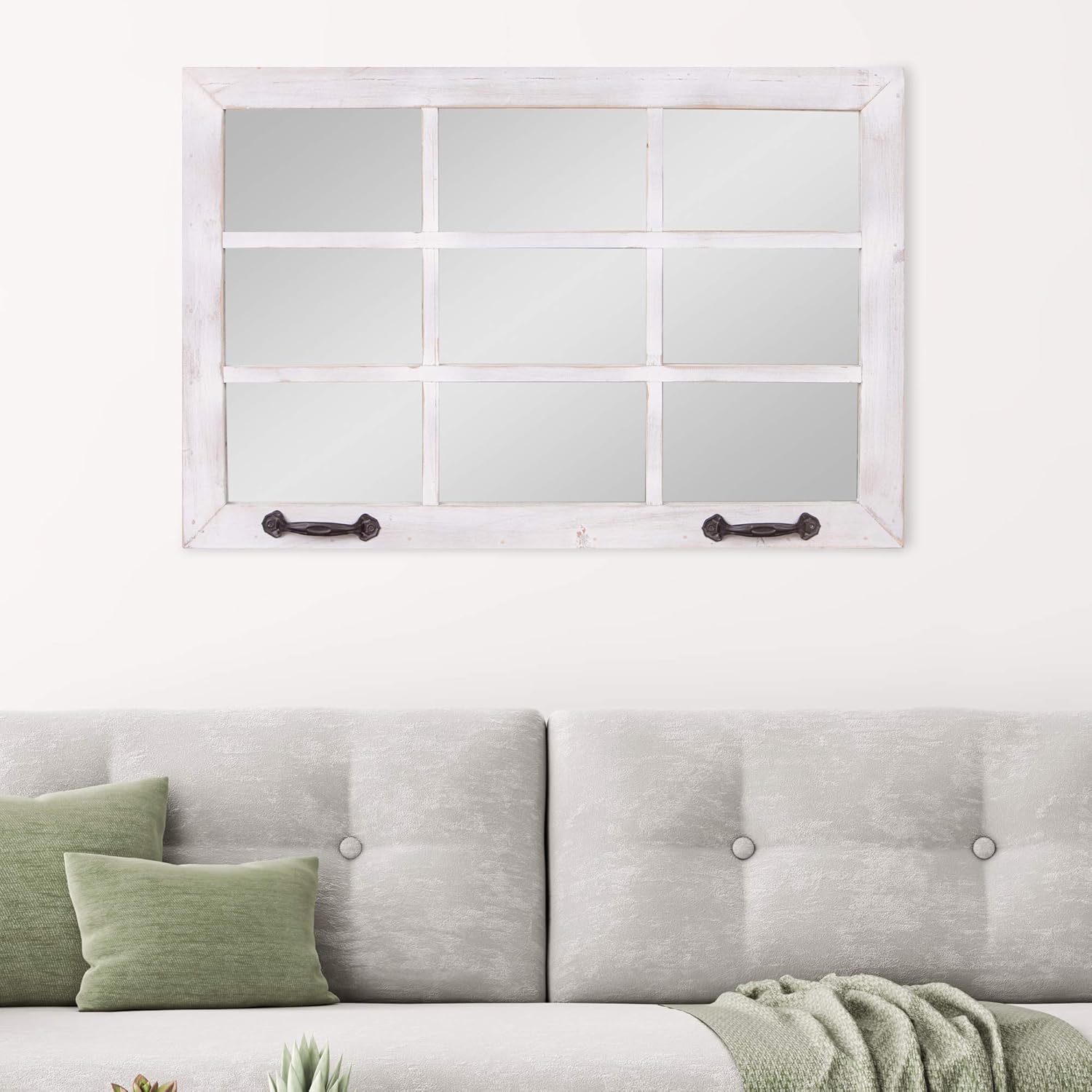 Distressed White Windowpane Wall Accent Mirror U980
