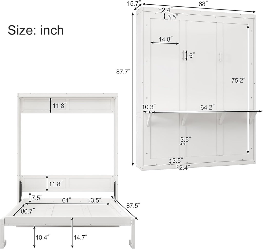 White Queen Size Solid Pine Murphy Bed with Desk and Storage Cabinet D97360