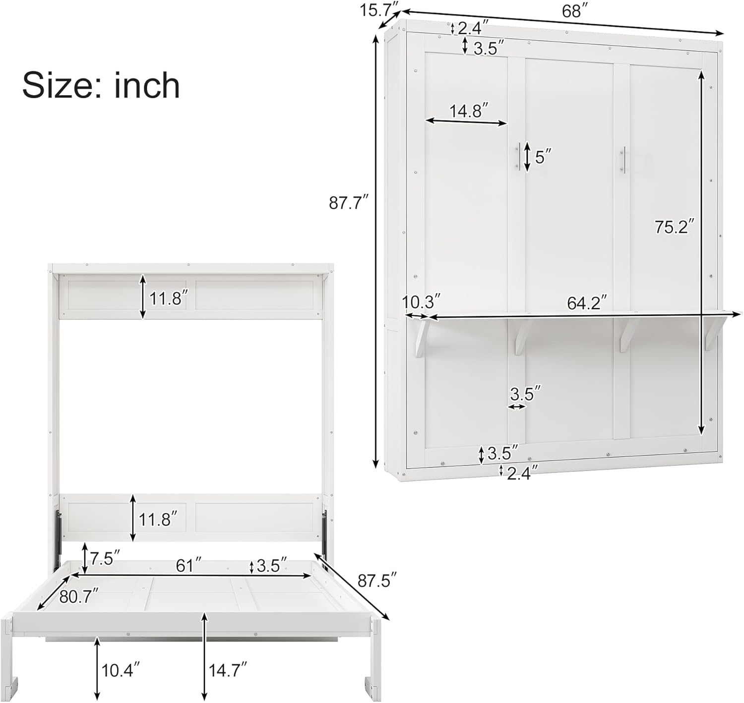 White Queen Size Solid Pine Murphy Bed with Desk and Storage Cabinet D97360