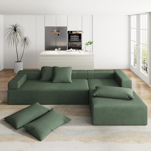 Green Chenille L-Shaped Sectional Sofa with 6 Pillows L679881