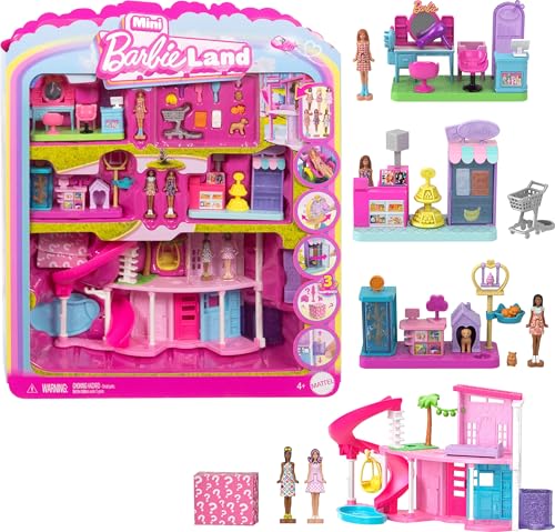 Mini Land DreamHouse & 3 Playsets with 4 1.5-Inch Dolls, Doll House Furniture & Accessories S44945