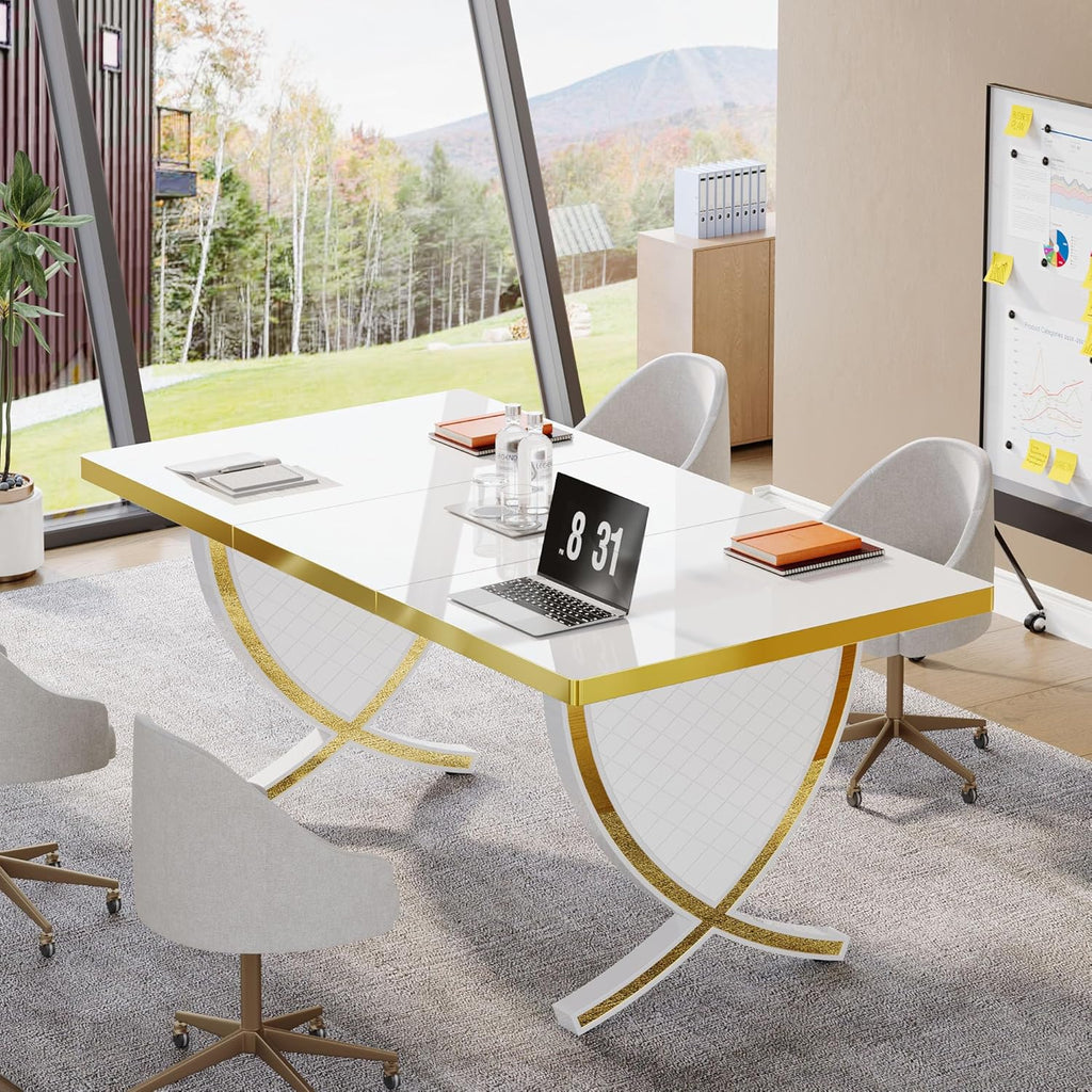 White & Gold 63" Glossy Computer Desk I154