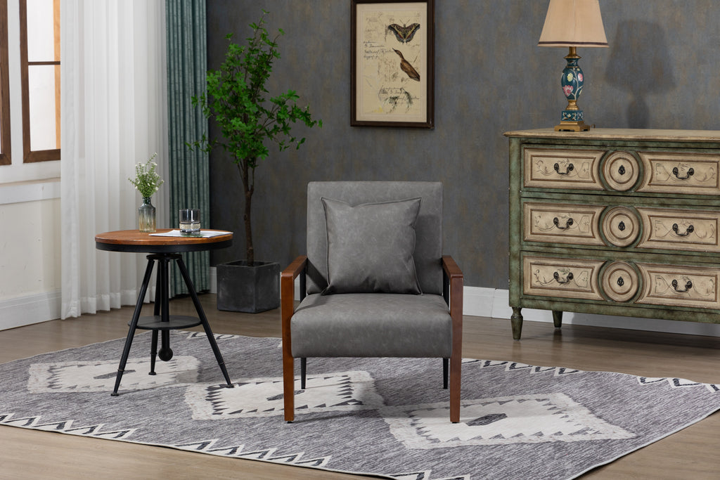 Brown Leather Armchair with Solid Wood Armrest and Removable Cushions A331