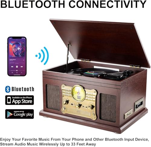 Mahogany Bluetooth Turntable with Speakers F900057