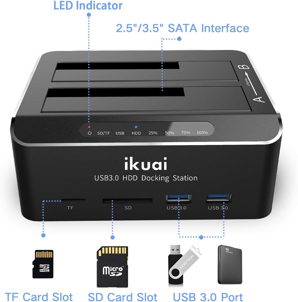 SATA to USB 3.0 Dual Bay Hard Drive Dock for 2.5 and 3.5 SATA HDD SSD with SD TF Card Reader 2 USB 3.0 Ports External Hard Drive Docking Station Pack of 2 H930000