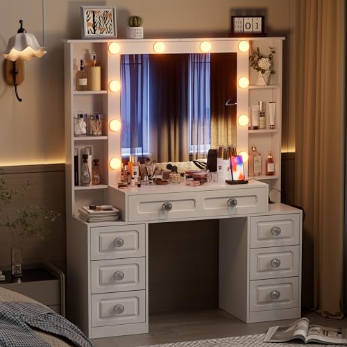 White Vanity Desk with Lighted Mirror and Drawers P341093