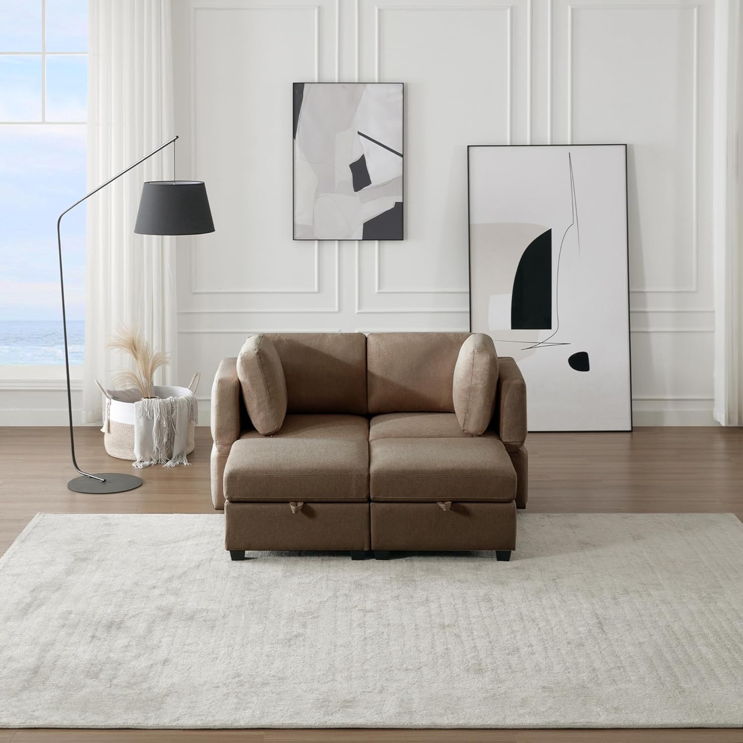 Brown Modular Sectional Sleeper Sofa with 2 Ottomans and Adjustable Arms Y45500