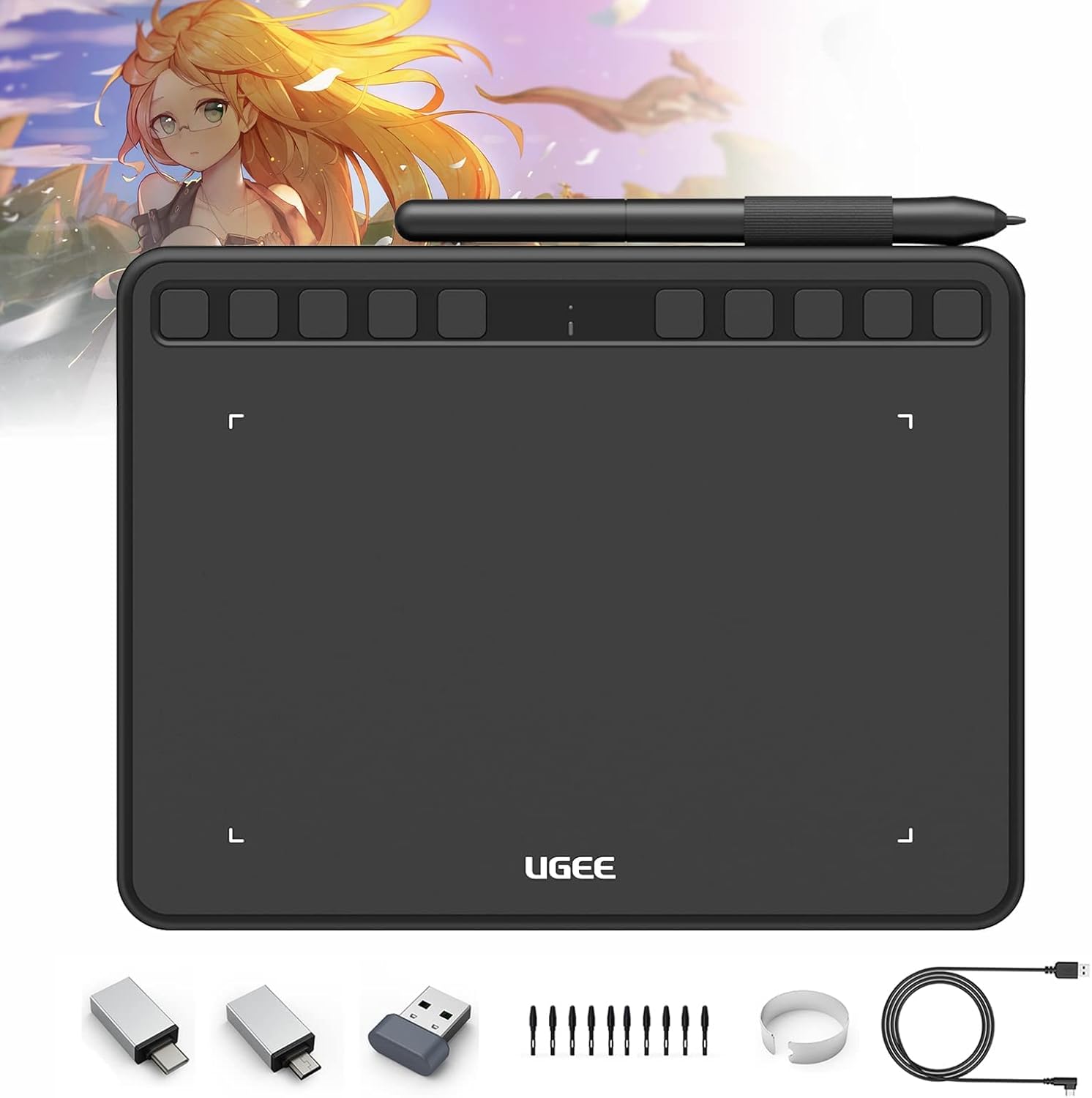 10x6 Inch Wireless Graphics Drawing Tablet with 12 Hot Keys & 8192 Levels Battery-Free Stylus T95175