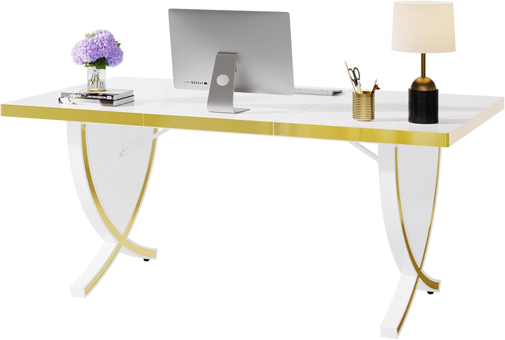 White & Gold 63" Glossy Computer Desk I154