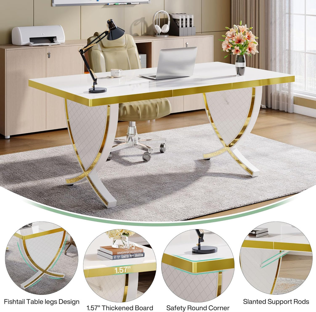 White & Gold 63" Glossy Computer Desk I154