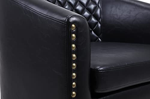 Black Leather Barrel Chair with Nail Head and Wood Legs H1717