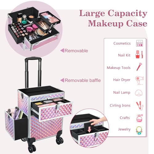 Rolling Makeup Train Case with 360° Swivel Wheels Keys V164