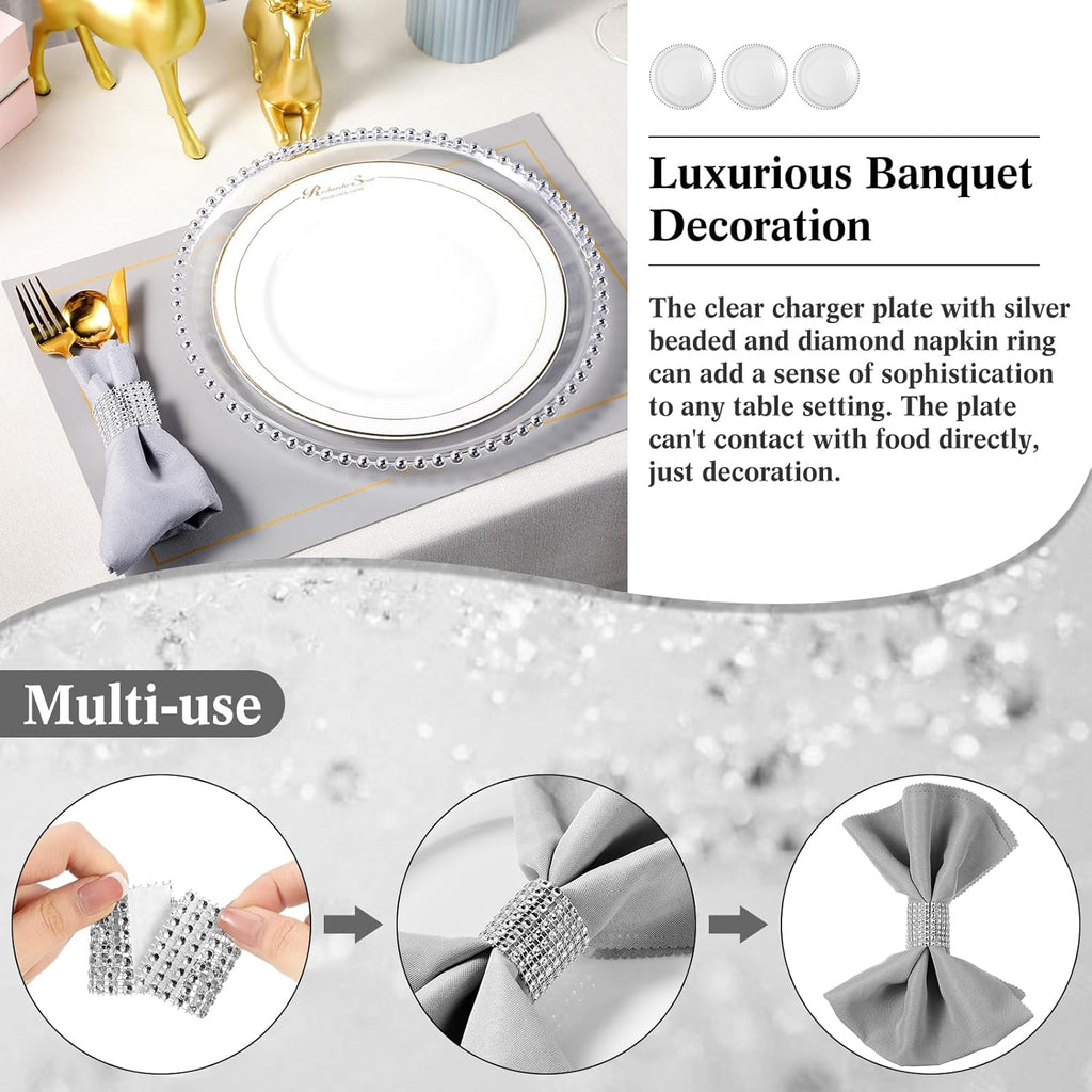 50 Pack Clear Plastic Charger Plates Set 13 Inch with Silver Beaded Rim P890304