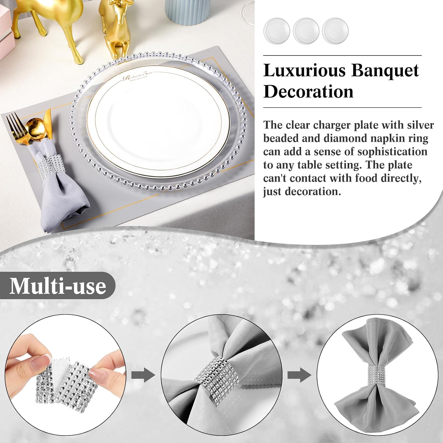 50 Pack Clear Plastic Charger Plates Set 13 Inch with Silver Beaded Rim P890304
