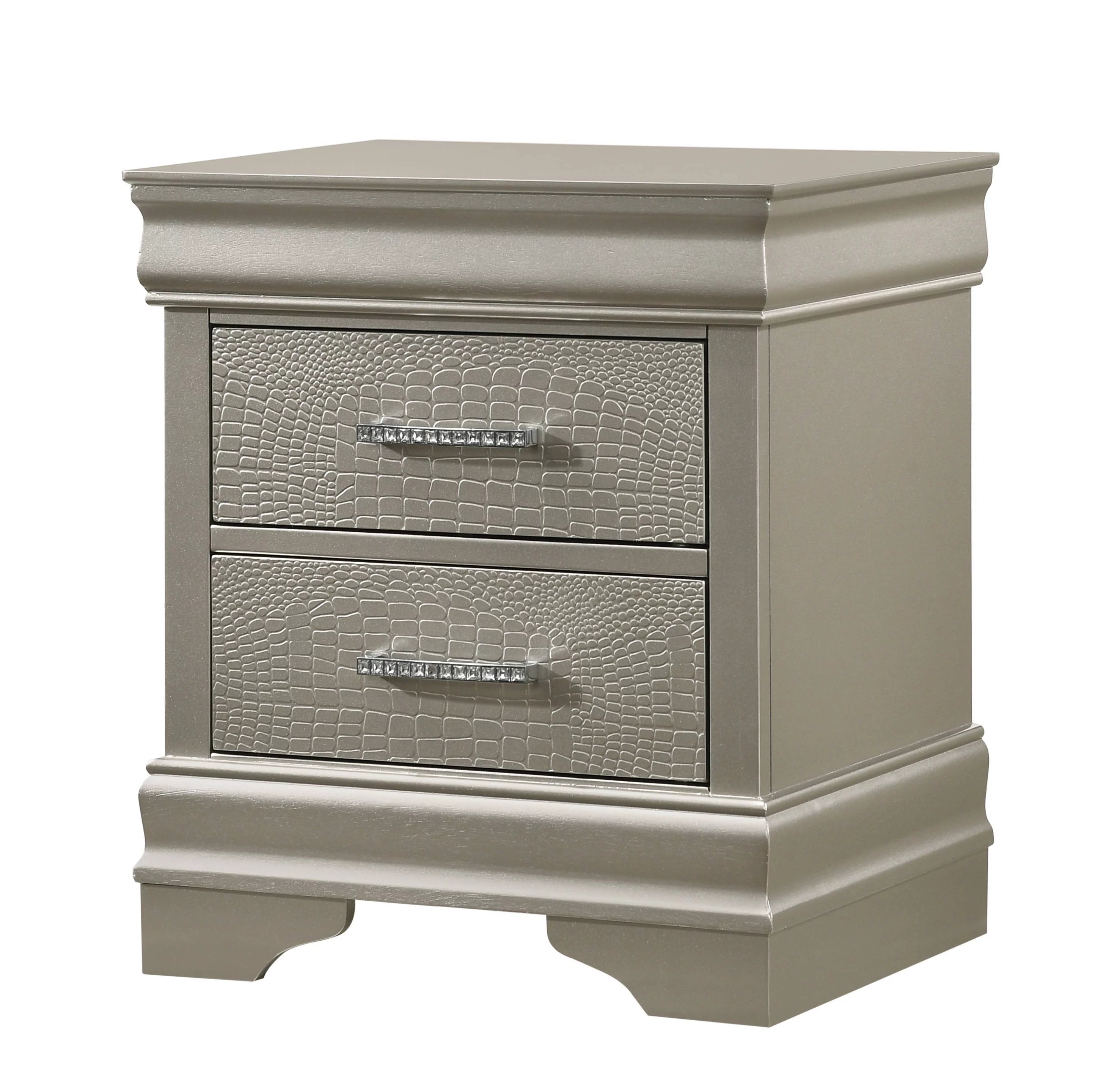 Silver Finish Queen Size Upholstered Button Tufted Headboard Bed Nightstand Set V3356