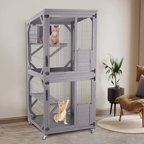 Grey Cat Enclosure with Wheels and Waterproof Roof W902