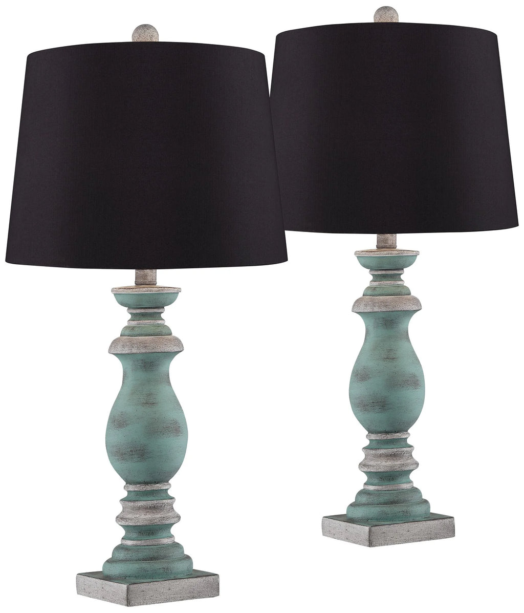 Set of 2 Blue Gray Washed Black Faux Silk Drum Shade Table Lamps P79186
