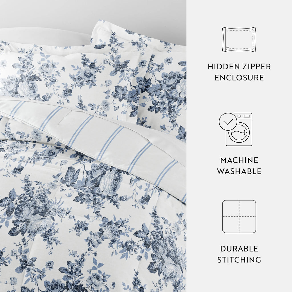 Cabbage Rose Stripe Ultra Soft Reversible Comforter Bed Set H344