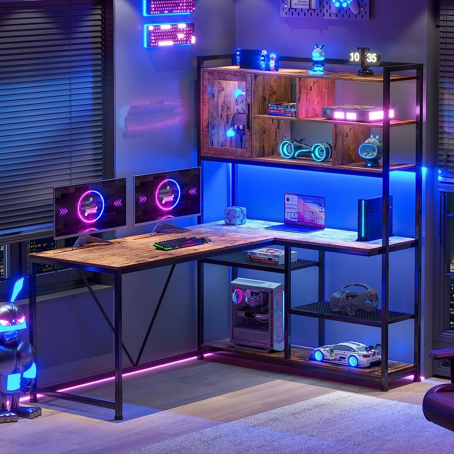 58" Brown L Shaped Gaming Desk with LED Lights and Bookshelf X87445