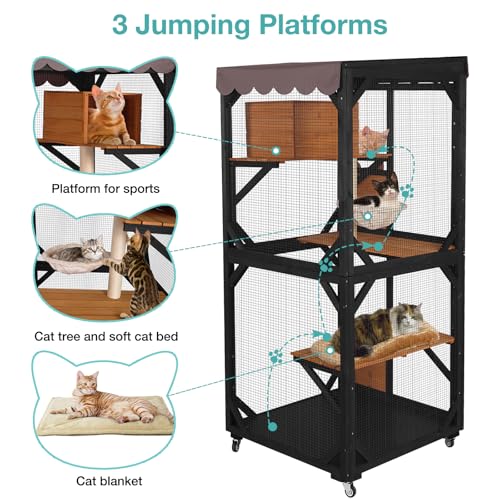 Grey Cat Enclosure with Wheels and Waterproof Roof W902