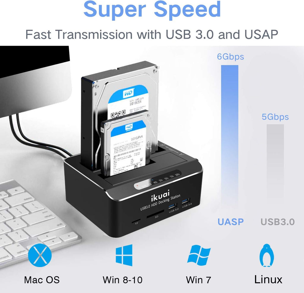 SATA to USB 3.0 Dual Bay Hard Drive Dock for 2.5 and 3.5 SATA HDD SSD with SD TF Card Reader 2 USB 3.0 Ports External Hard Drive Docking Station Pack of 2 H930000