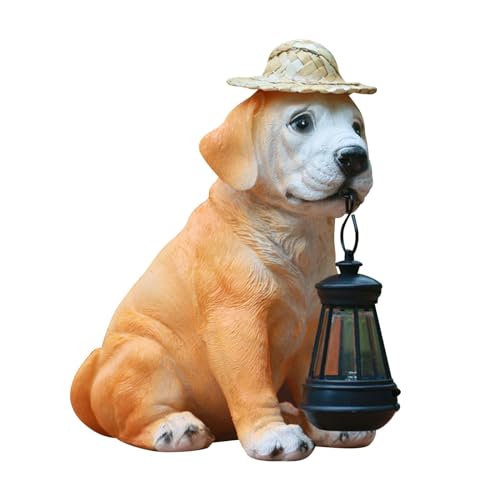 Resin Dog Statues with Straw Hat and Solar Led Lantern E69371