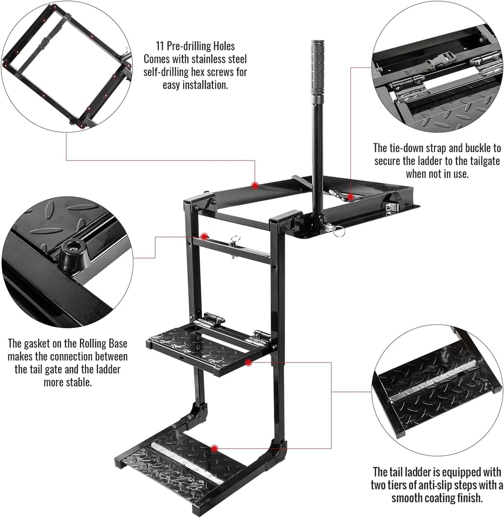 Foldable Retractable Truck Tailgate Step with Telescopic Handrail, Capacity 300 lb D725042