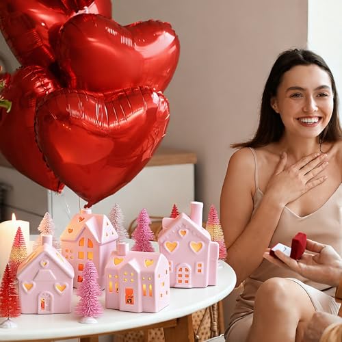 12 Pcs Pink Ceramic Village Decorations with Lighted House Figurines and Mini Pine Trees W3828