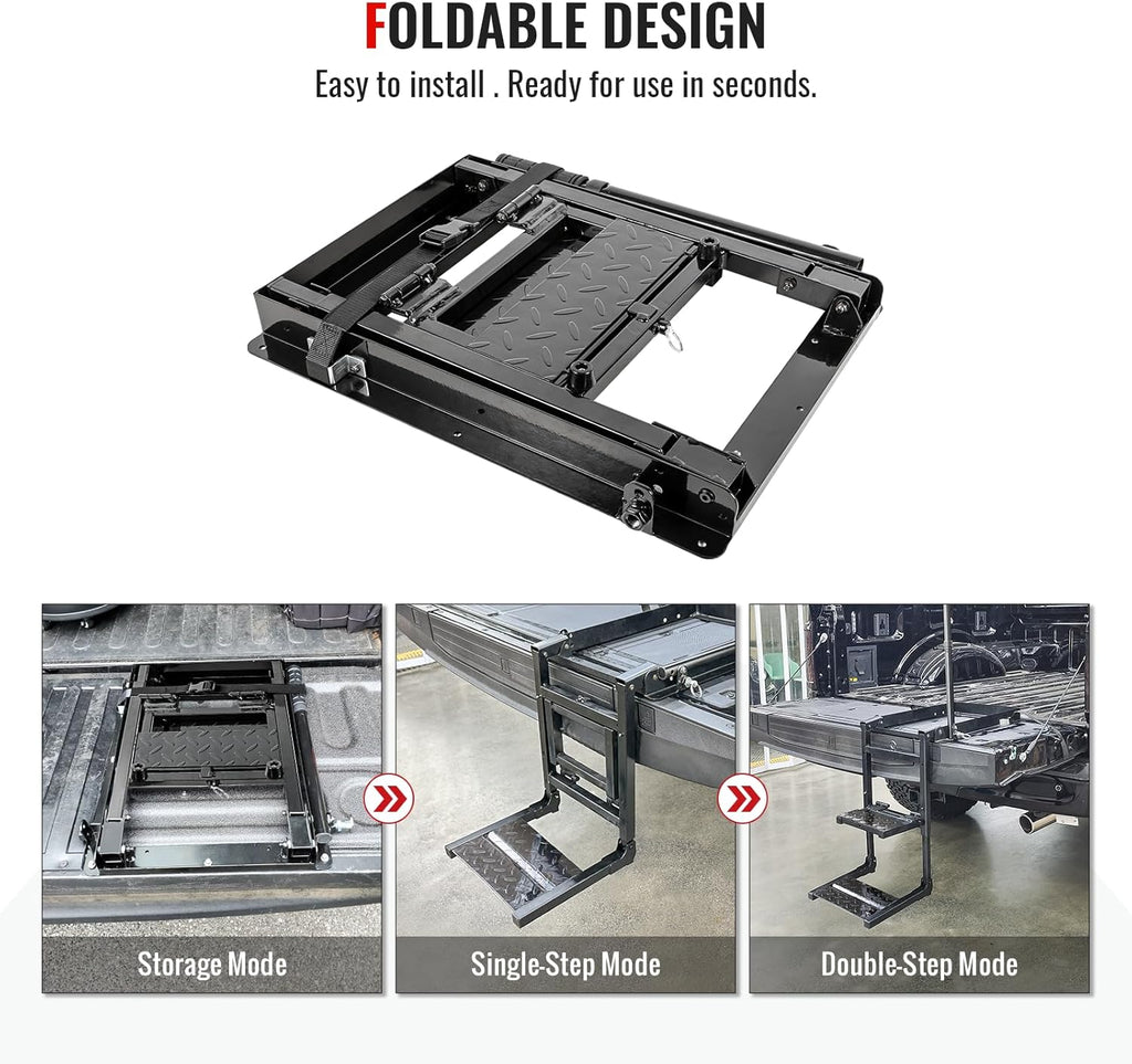 Foldable Retractable Truck Tailgate Step with Telescopic Handrail, Capacity 300 lb D725042