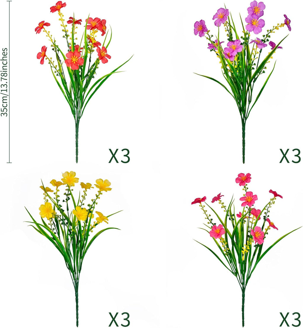 12 Bundles Artificial Flowers UV Resistant Faux Silk Plants S4655