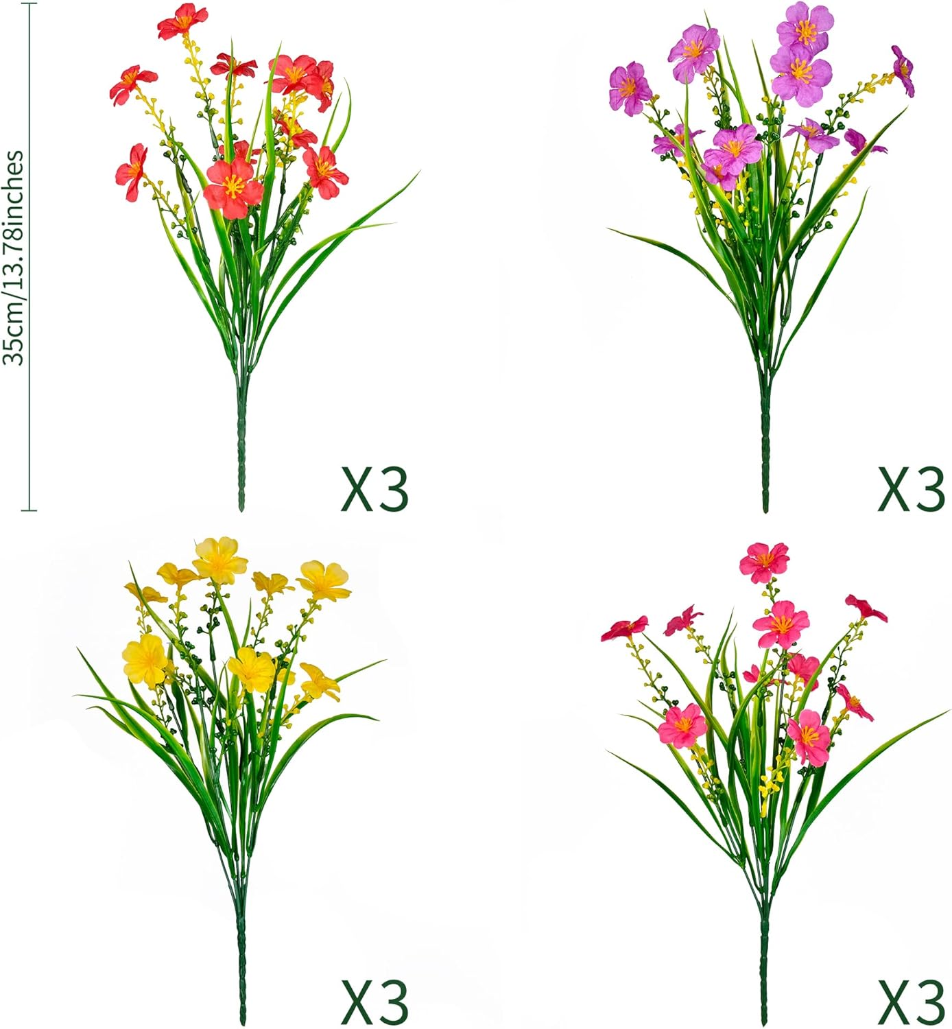 12 Bundles Artificial Flowers UV Resistant Faux Silk Plants S4655