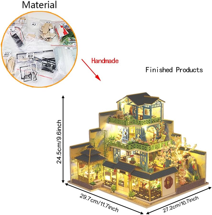 Miniature Three-Storey Villa Dolls House, Wooden Furniture, DIY Dollhouse Kit with LED Z23570