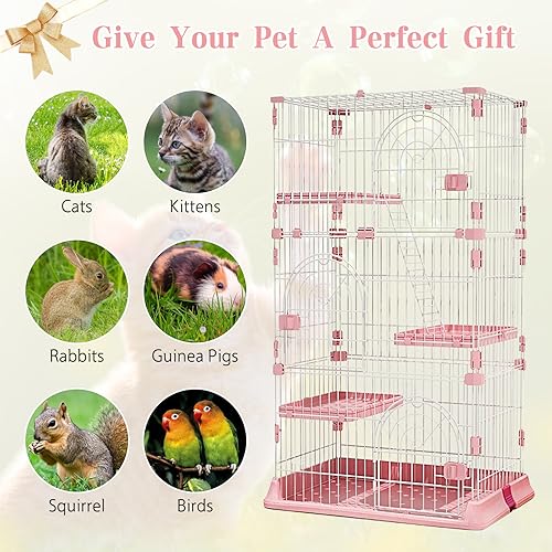 Pink 52 Inches Metal Cat Cage with 3 Platforms and 1 Ramp Y196194