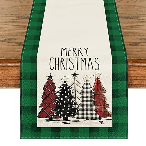 Buffalo Plaid Christmas Trees Merry Xmas Table Runner, 13 x 108 Inch S920
