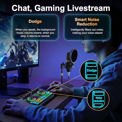 Podcast Microphone Bundle with Live Sound Card Audio Mixer, 3.5mm Condenser Microphone, Sound Board with Voice Changer H6673