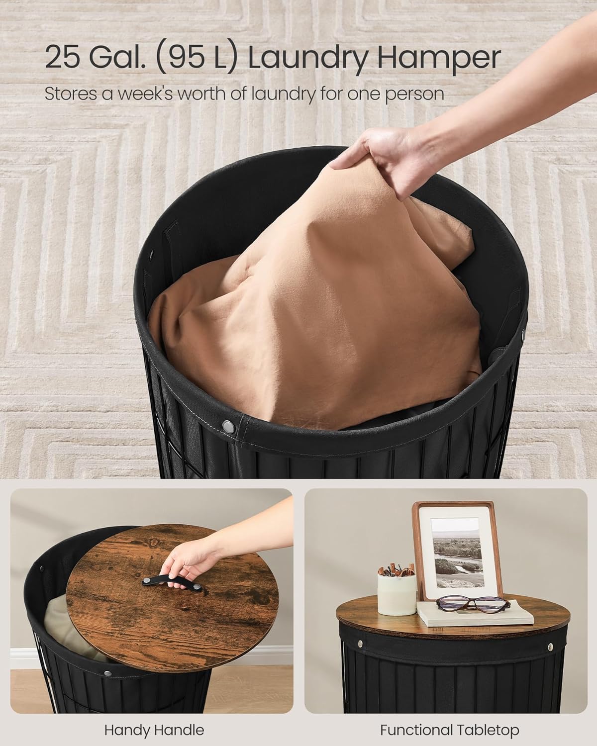 Ink Black 25 Gallons Laundry Hamper with Lid G79348
